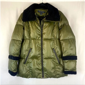 French Connection Puffer Jacket Coat Women's sz Medium Green/Black Faux Fur